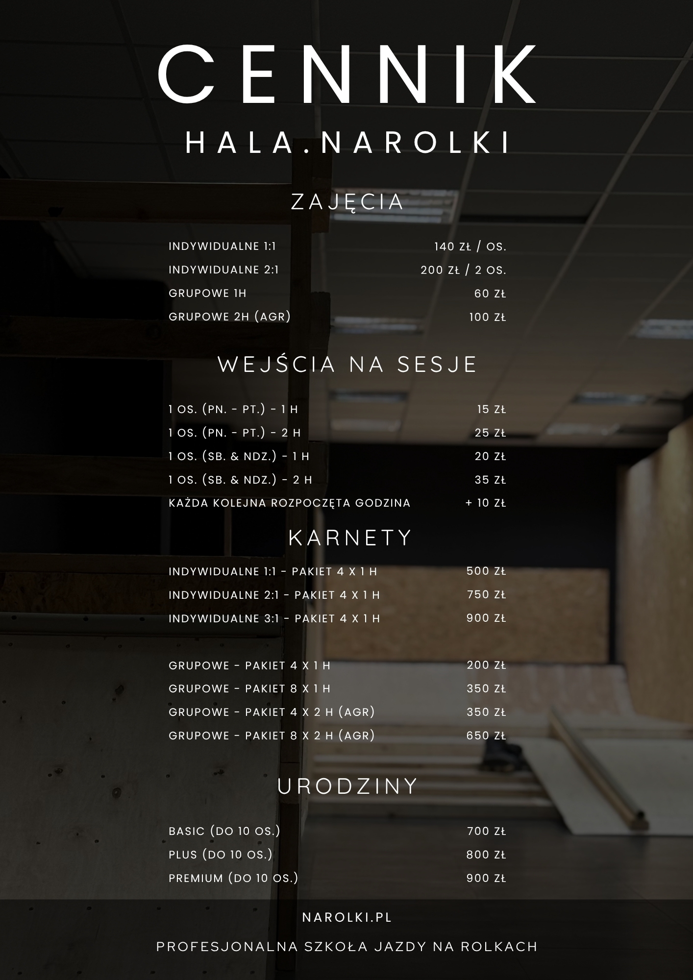 cennik kryty skatepark nauka jazdy na rolkach krakow